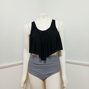 Black Flounce Tankini Set Striped High Waist Bottoms Large NWOT